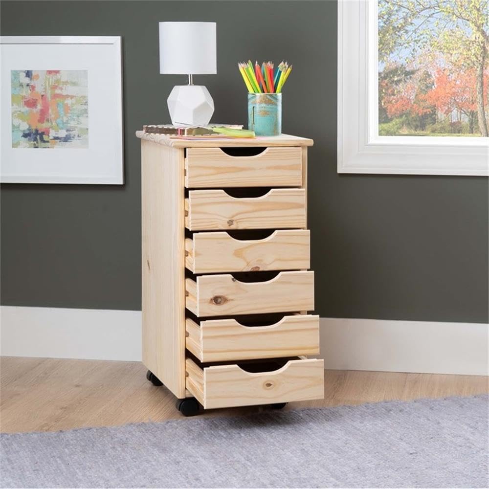 Pemberly Row 6-Drawer Rolling Storage Cart, Unfinished Pine Wood, Compact 13.39" W x 15.35" D x 25.75" H, Recessed Handles, Smooth-Glide Drawers, Casters for Office, Closet, or Home Organization