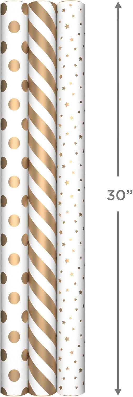 Hallmark Wrapping Paper Rolls for Weddings, Bridal Showers, Birthdays - Gold and White Gift Wrap Paper (Set of 3 Rolls: 105 sq. ft. ttl.) Metallic Striped and Polka Dot for All Occasions image 3