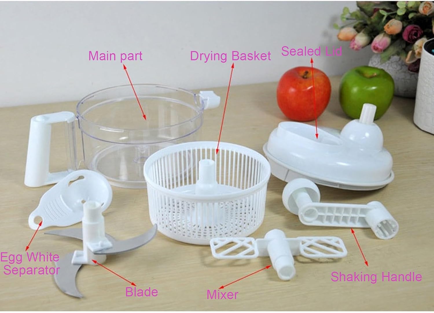 White All in One Food Chopper - Manual Hand-Cranked Vegetable Cutter with Full Functionality
