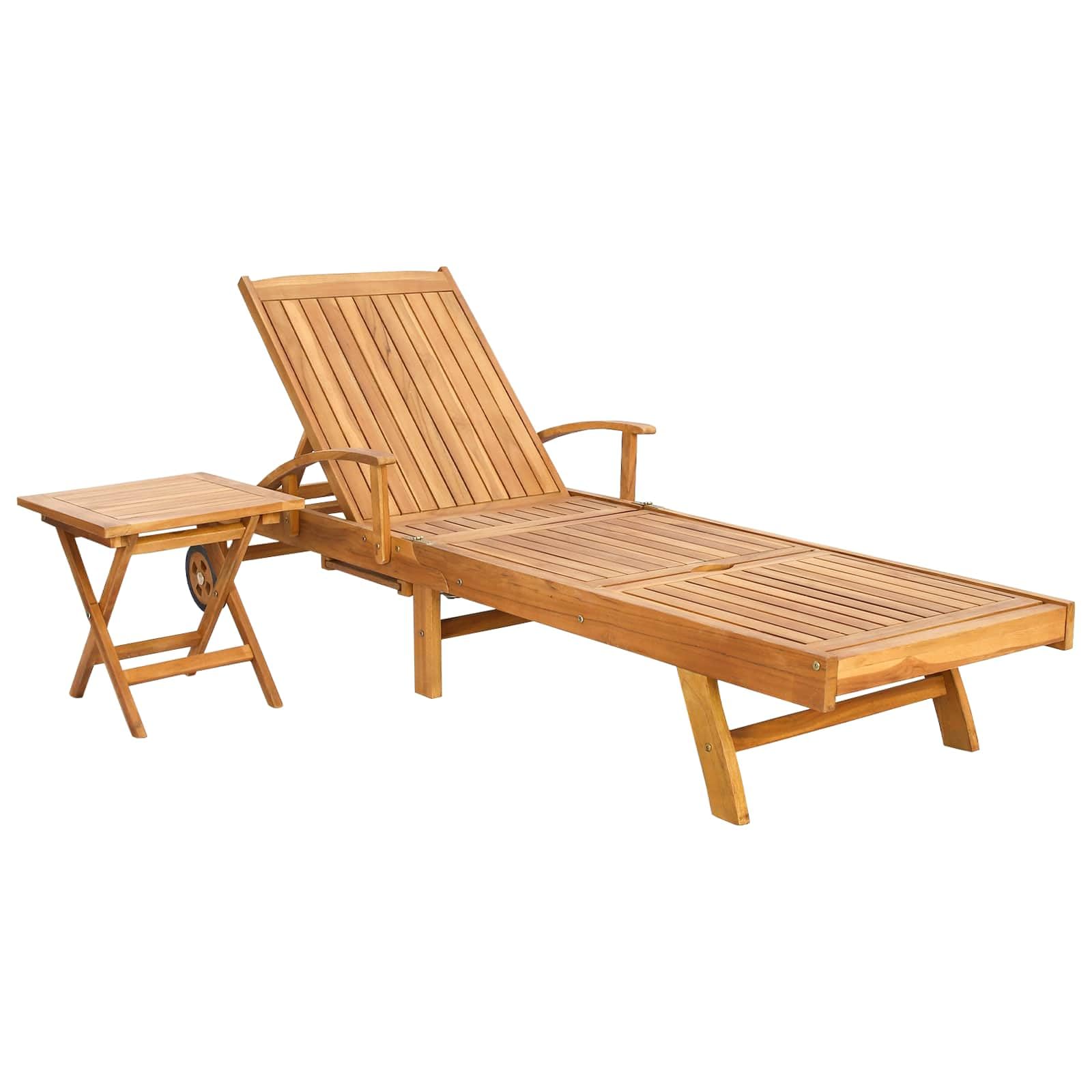 Chaise longue en teck massif marron avec table basse escamotable pour jardin et terrasse