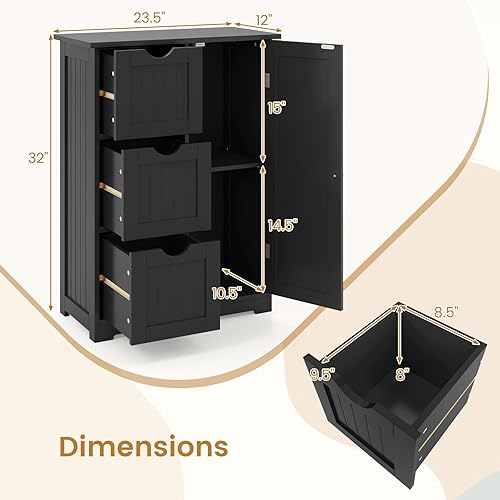 Miniatura 3 de Tangkula Armario de suelo de baño, armario de almacenamiento independiente con 3 cajones y una sola puerta, estante ajustable, almacenamiento de