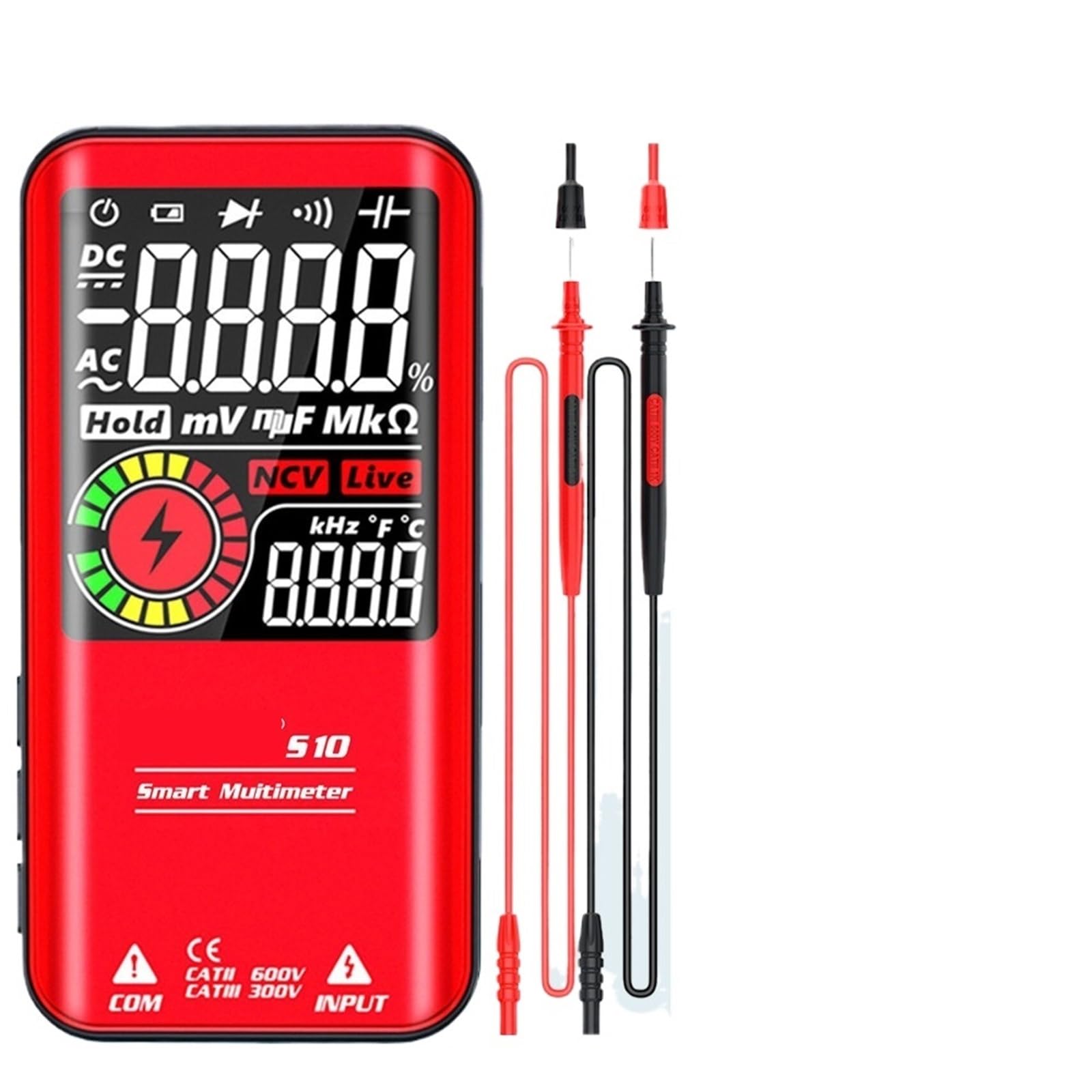 1 pz S10 / S11 / S20 Multimetro digitale intelligente Tensione CA Ohm Diodo NCV Hz Tester for cavi Display a colori(S10 Red AAA)