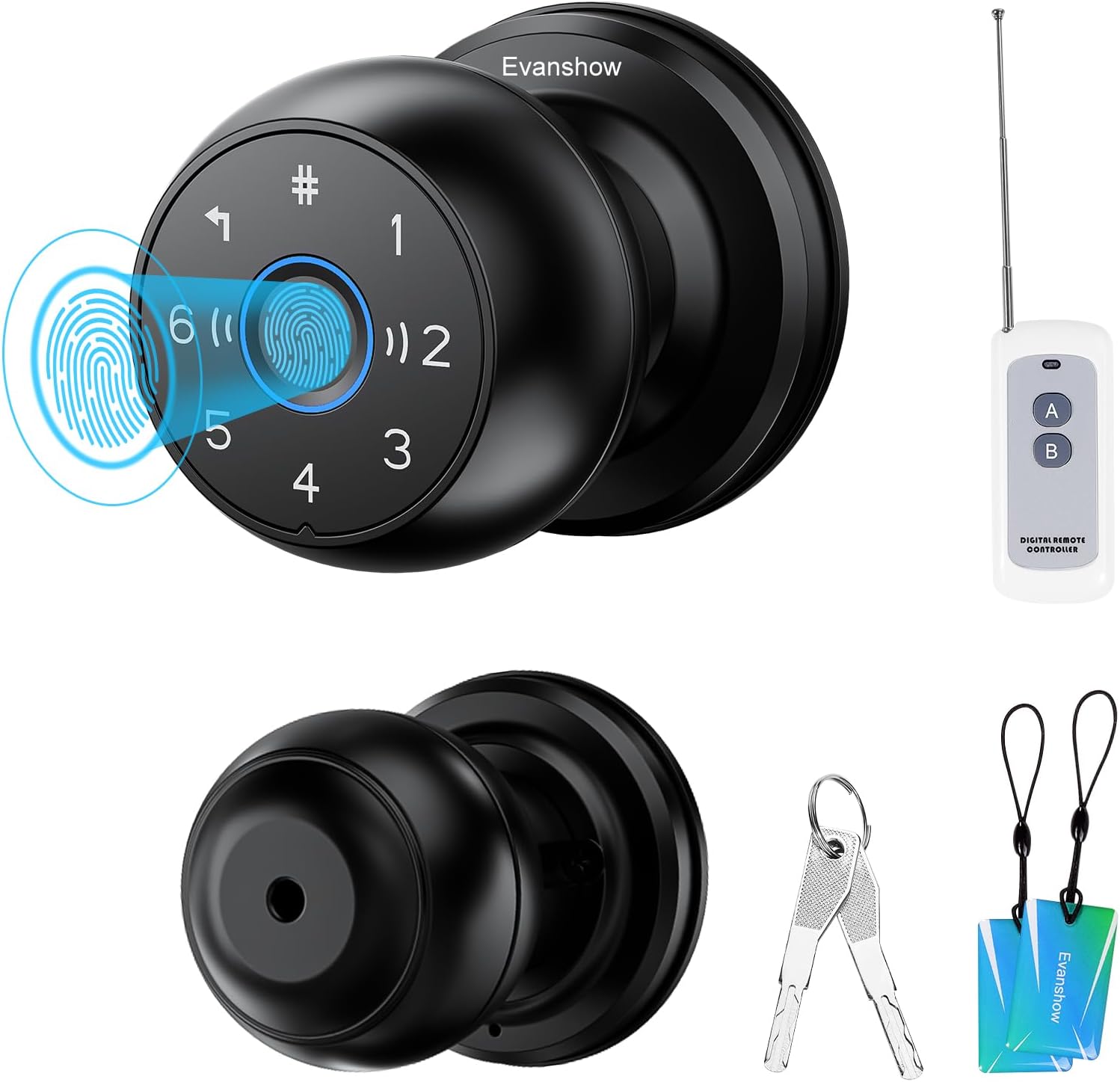 Upgrade Wateproof Smart Door Knob with Lock, Fingerprint Door Locks with Remote Control & Key, Keyless Thumbprint Entry Door Locks for Bedrooms, Front Door, Hotel, Apartment