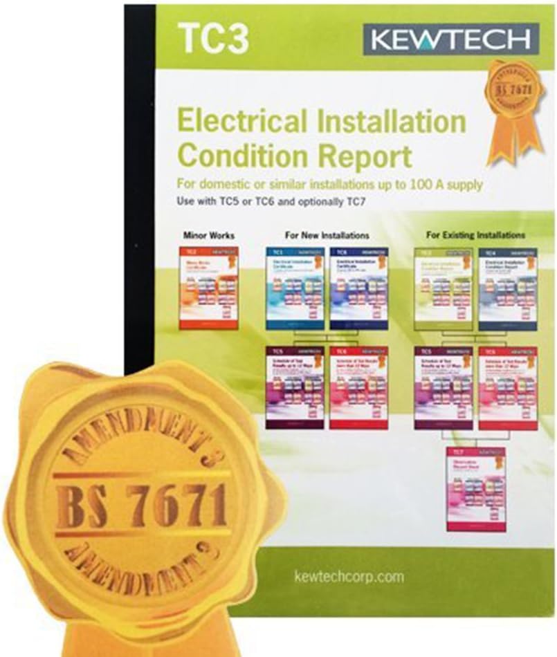 Kewtech TC3 - AMENDMENT 3 COMPLIANT Electrical Installation Condition Report Book, Contains 8 Certificates (5 Pages Per Certificate), With Copies For Customer & Contractor Use, Must Be Used With TC5 or TC6 AND Optional TC7