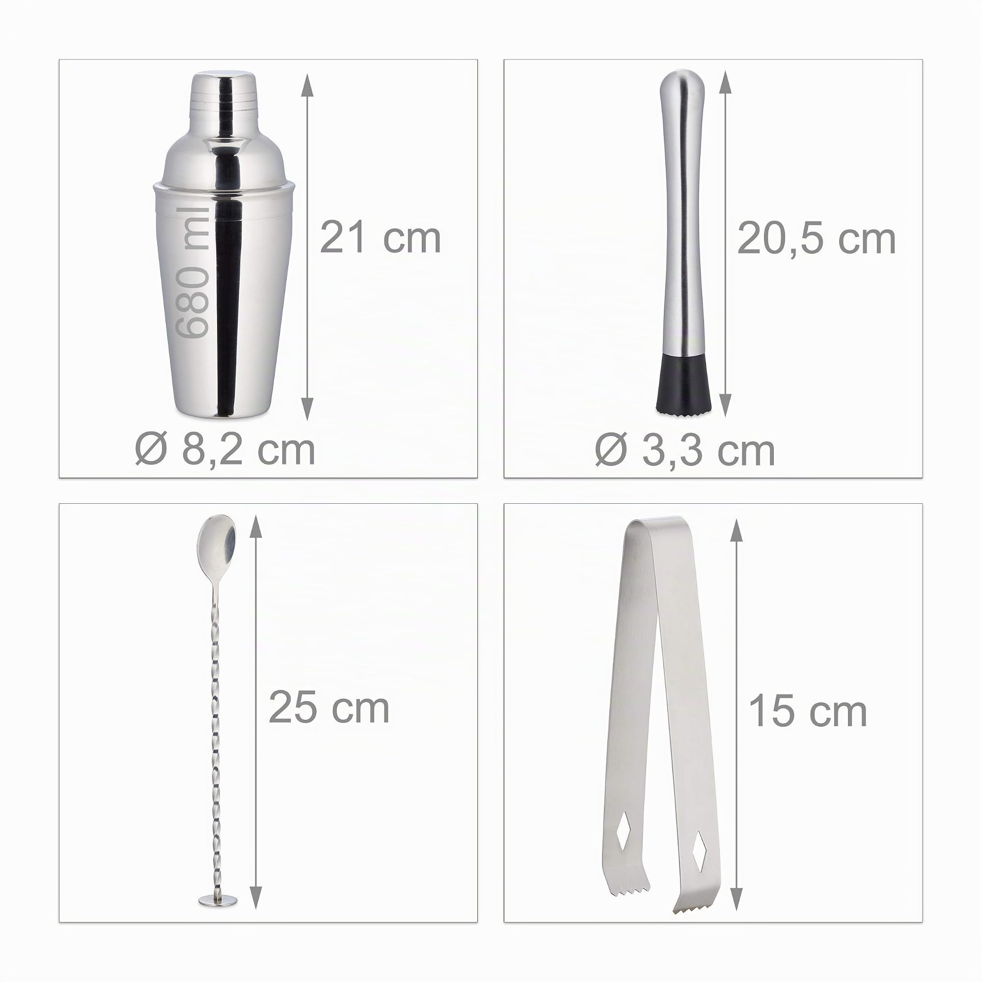 Relaxdays Lot à cocktail, set de bar pro à 11 pièces, support, shaker, doseur, bec verseur, pinces à glaçons, acier inox