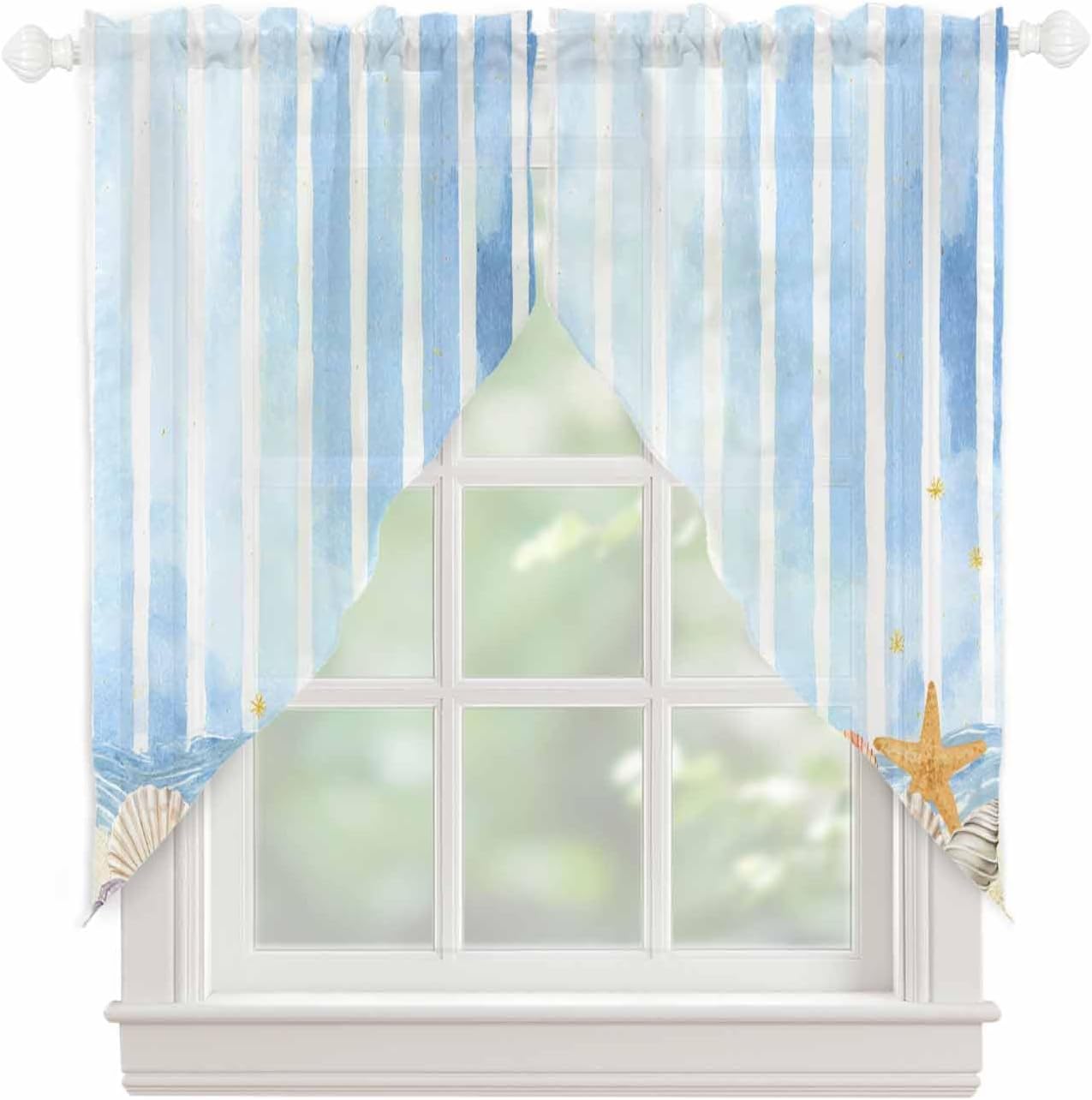 Blue Ocean Swag Curtain 63 Inches Long 2 Panels Set, Summer Marine Shells Couch Starfish Beach Watercolor Semi-Sheer Curtain Rod Pocket Valance For Kitchen,Living Room,Bathroom,Cafe 72"Wx63"L