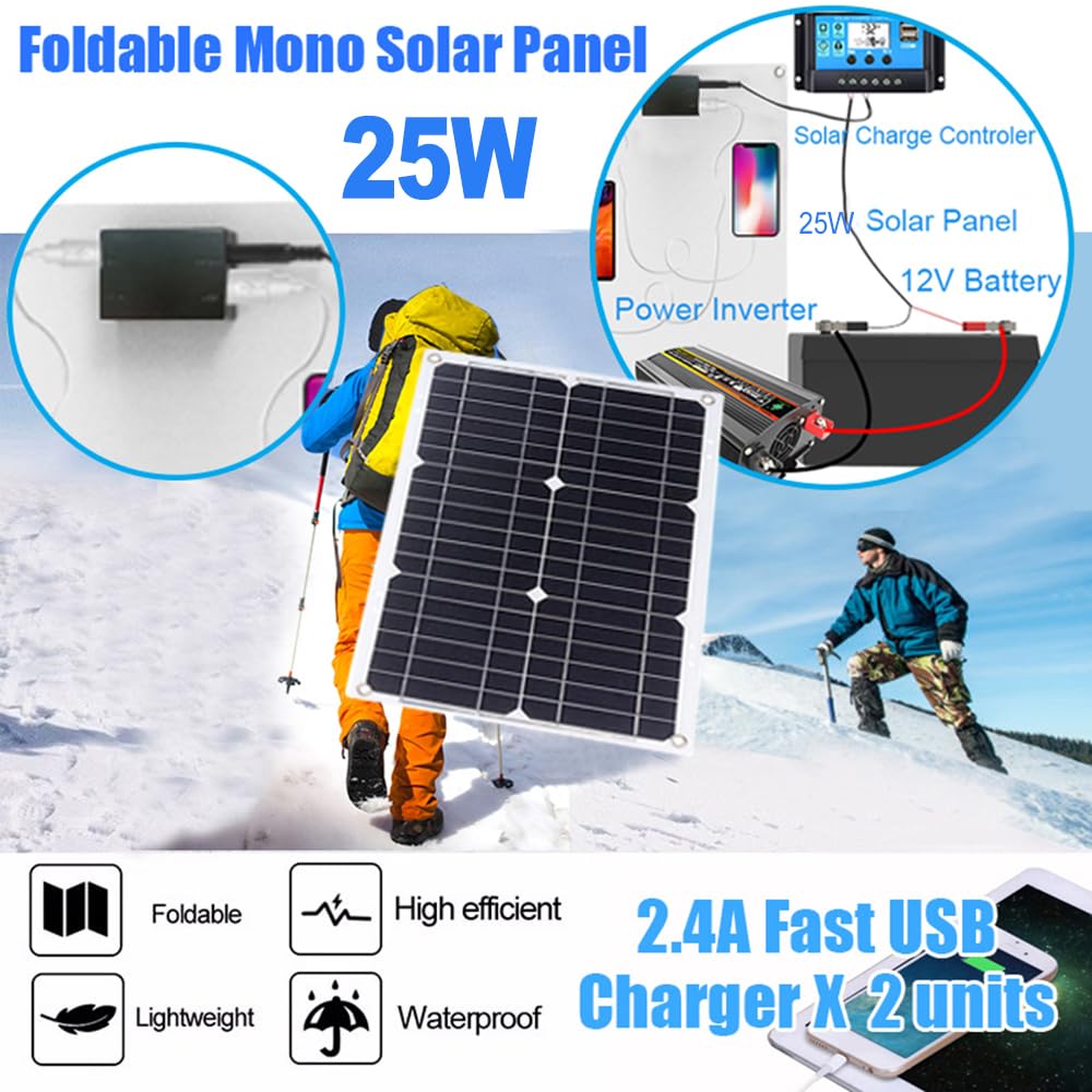 Panneau Solaire Double USB de 25 W + onduleur de Courant 6000 W DC 12 V à CA 110 V avec écran LCD Intelligent, Ports de Chargeur USB Doubles contrôleur