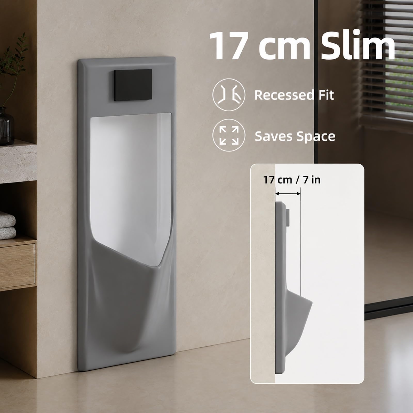 Urinoir Mural, Chasse D'Eau Automatique à Capteur, Urinoir en Céramique | 7 Pouces, Gain Place, Bouchon Vidange Intégré, Conception Embarquée pour Toilettes, Hôtels, Bureaux