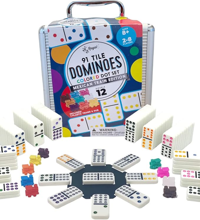Regal Games - Double 12 Mexican Train Dominoes - Colored Dots Set - Fun Family-Friendly Dominoes Game - Includes 91 Tiles, Collector's Case & Plastic Hub w 9 Plastic Trains - Ideal for 2-8 Players