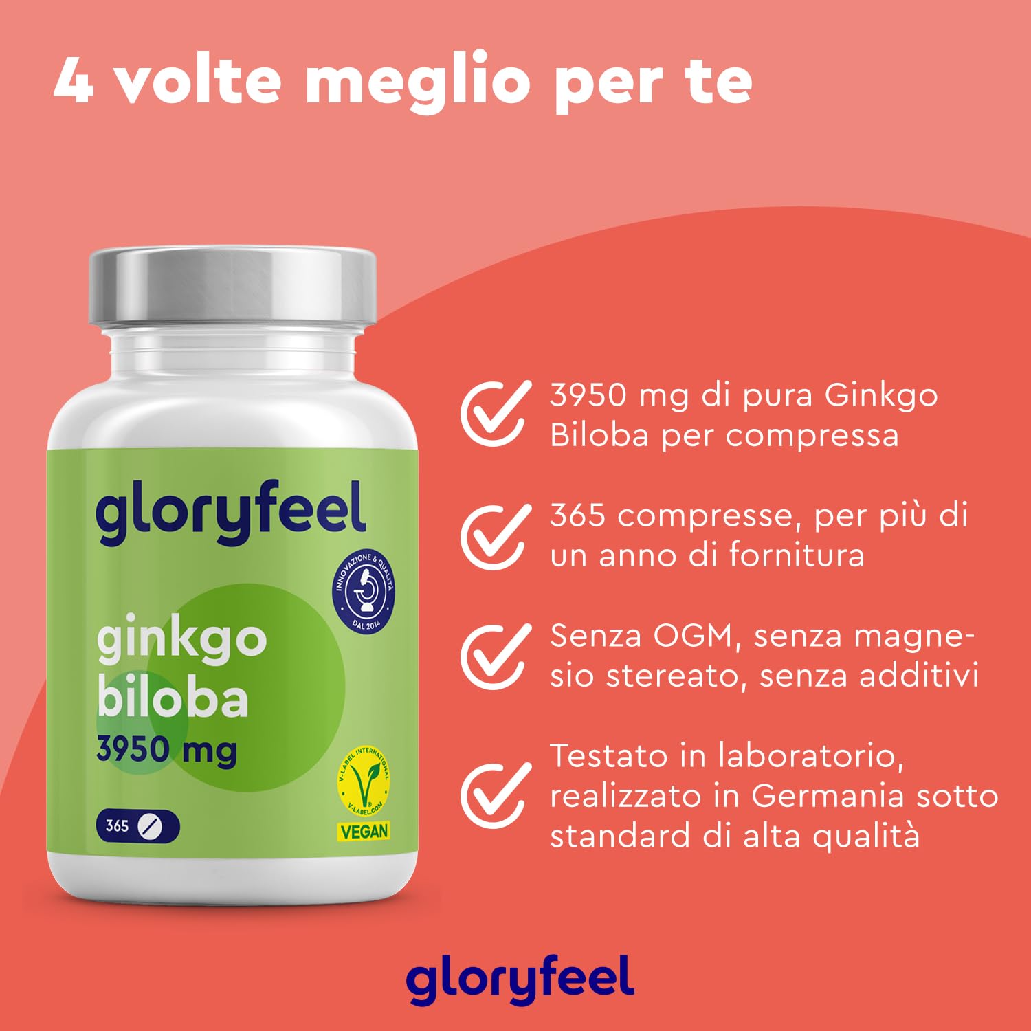 Ginkgo Biloba, Estratto 50:1 con 24% Flavonoglicosidi + 6% Terpenlattoni, 365 Compresse per 1 anno, 100% Vegan e Qualità Testata, 3950 mg, Integratore per Circolazione, Concentrazione e Memoria