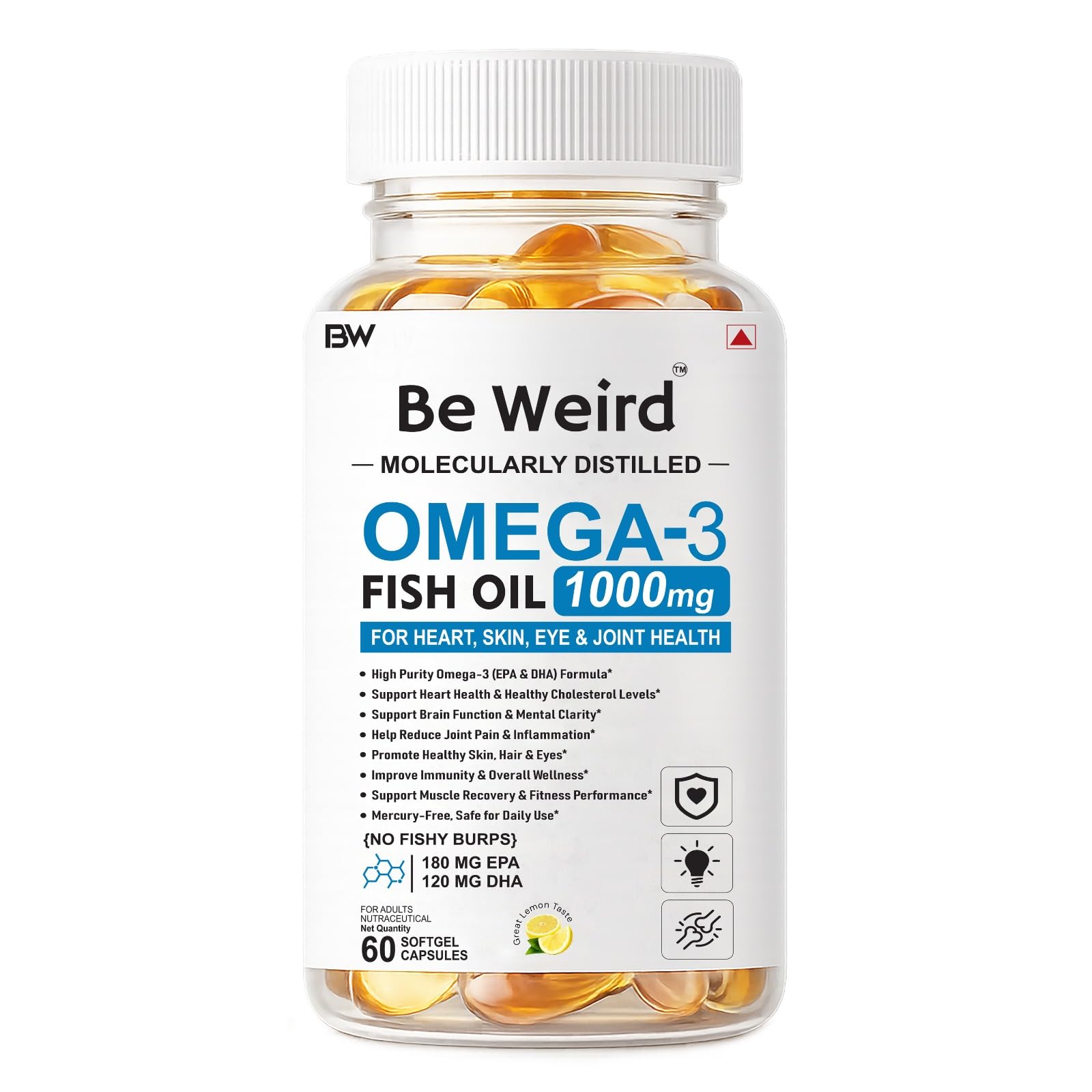 Be Weird Omega 3 Fish Oil Supplements 1000mg - 60 Capsules | Triglyceride form | 180mg EPA & 120mg DHA | High Absorption for Heart,Brain & Joints | Helps Manage Cholesterol-image-5