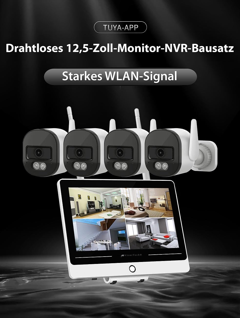 VisorTech System monitoringu WiFi 6 z 12,5-calowym monitorem dotykowym, rejestratorem HDD i 4 kamerami 2K IP66