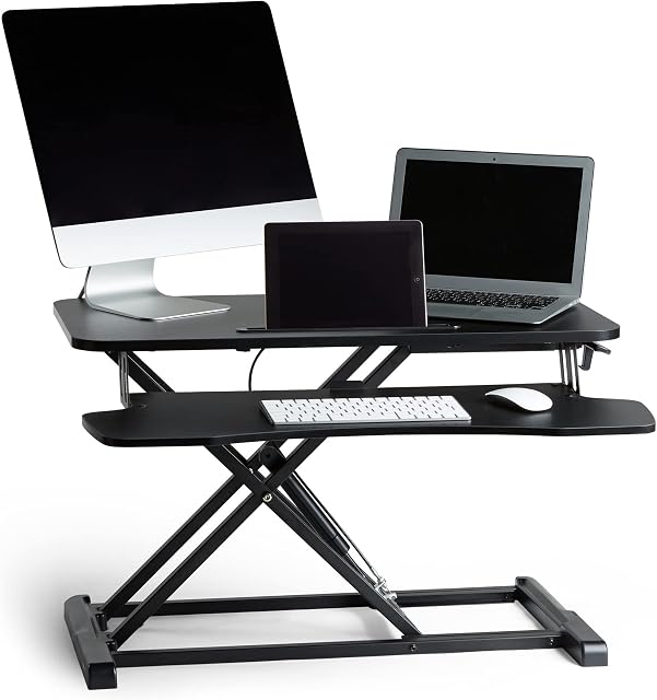 VonHaus - Adjustable Standing Desk Converter - 2 Tier Sit Stand Desk Riser (80cm x 40cm), Stand up Desk For Home Office/Work -Gas Assisted Height Adjustment (11-51cm) Unique X Design - Phone Holder