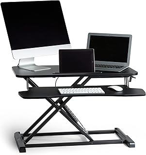 VonHaus Standing Desk Converter, Height Adjustable Two Tier Computer Workstation with Keyboard Shelf, Dual Monitor Gas Assisted Desk Riser with Phone/Tablet Holder, 80cm Length & 17kg Capacity