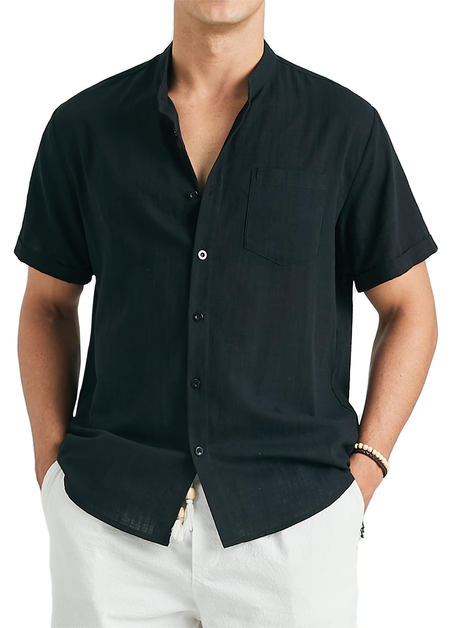 Enlision Camisa de Lino Manga Corta Camisa para Hombre Informales Sin Cuello Verano Henley Camisas Coton de Color Sólido con Botónes Bolsillo Playa Boda S-4XL