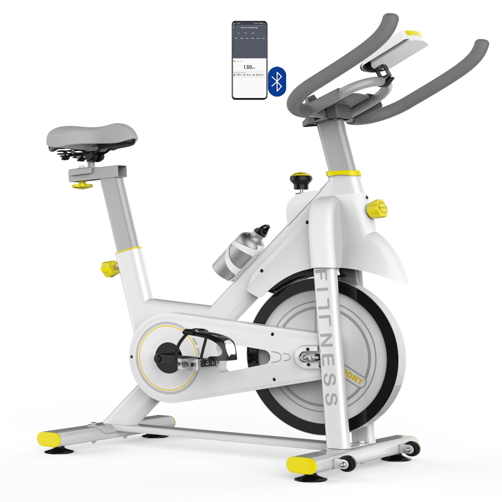 Stacjonarny rower treningowy dla użytkownika o maksymalnej wadze 150 kg z łącznością Bluetooth, monitorem LCD, kołem zamachowym o ciężarze 13,6 kg, regulowanym siedzeniem i uchwytem na tablet