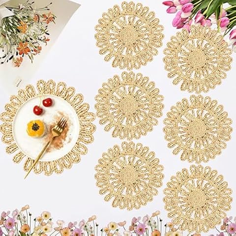 IcosaMro Round Woven Placemats for Dining Table Set of 6 Small Natural Braided Rattan Tablemat Flower Wicker Charger Plates for Holiday Christmas Kitchen Table Mat, Beige, 12.5 Inches Cover