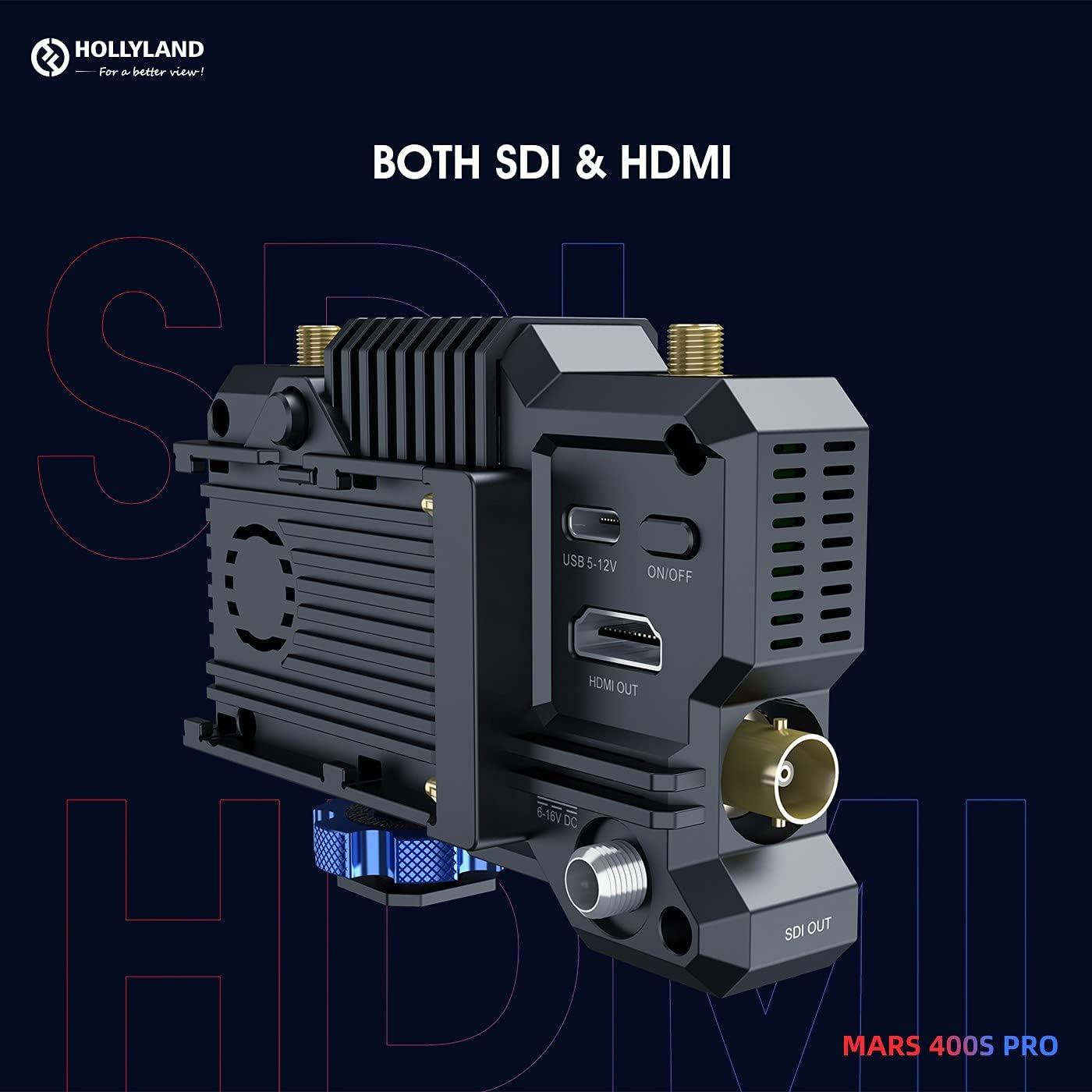 Close-up view of the Hollyland Mars 400S Pro unit, highlighting the SDI and HDMI ports, USB-C, and DC power input.