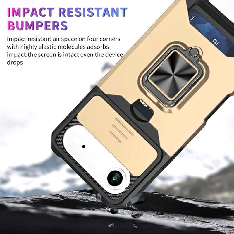 Image of LuxuryKase Shockproof Armor Case for iPhone Air | Slide Camera Cover | Hidden Card Slot | Rotating Ring Kickstand | Magnetic Car Mount Support | Military Grade Protection - Gold