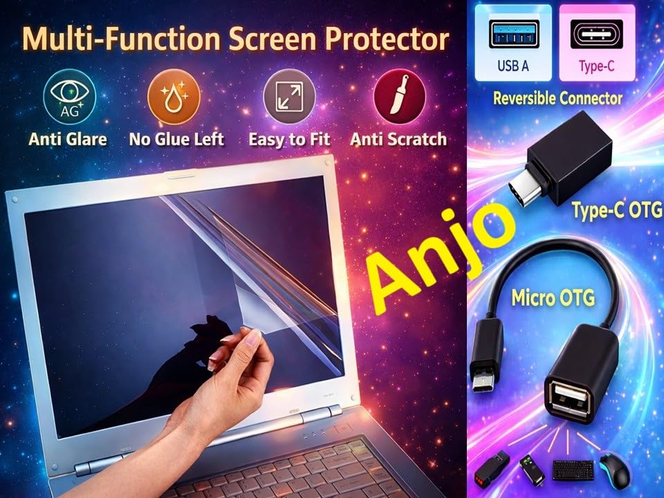 Image of Anjo 7 in 1 Combo of 14 Inch & 16:9 Display Aspect Ratios Laptop Screen Protector, KeySkin, Body Lamination Trackpad & Lid (Transparent), Laptop Sleeve Multipurpose, OTG Type C & Micro.