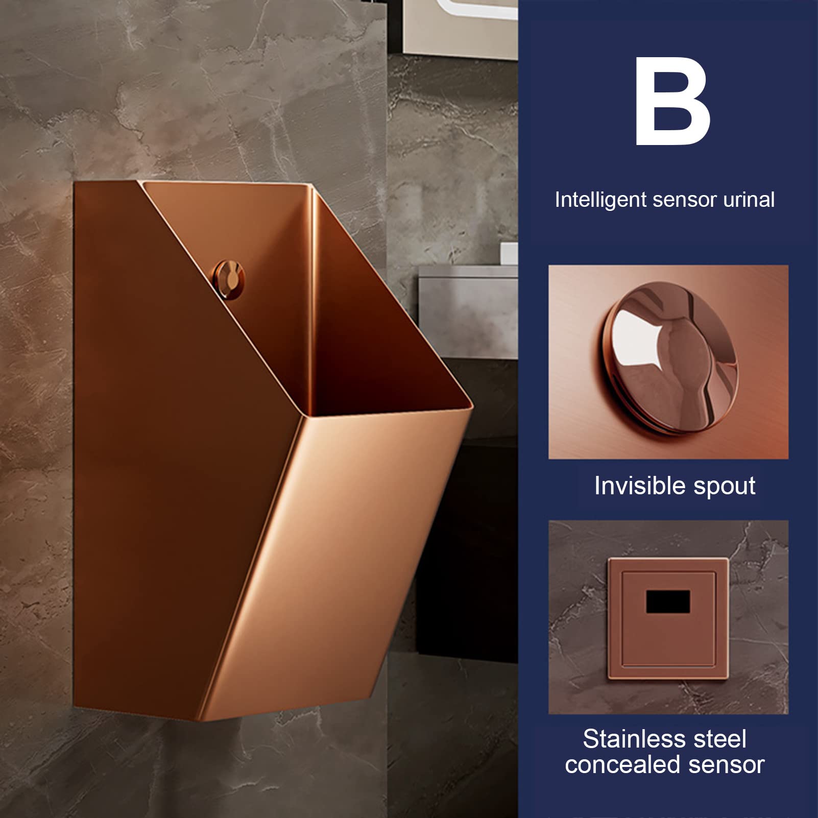 Orinatoio in acciaio inossidabile 304, orinatoio ad alta efficienza residenziale commerciale Washout, orinatoio per uomo, orinatoio con sensore a parete, per casa, hotel, bar, aeroporto (oro