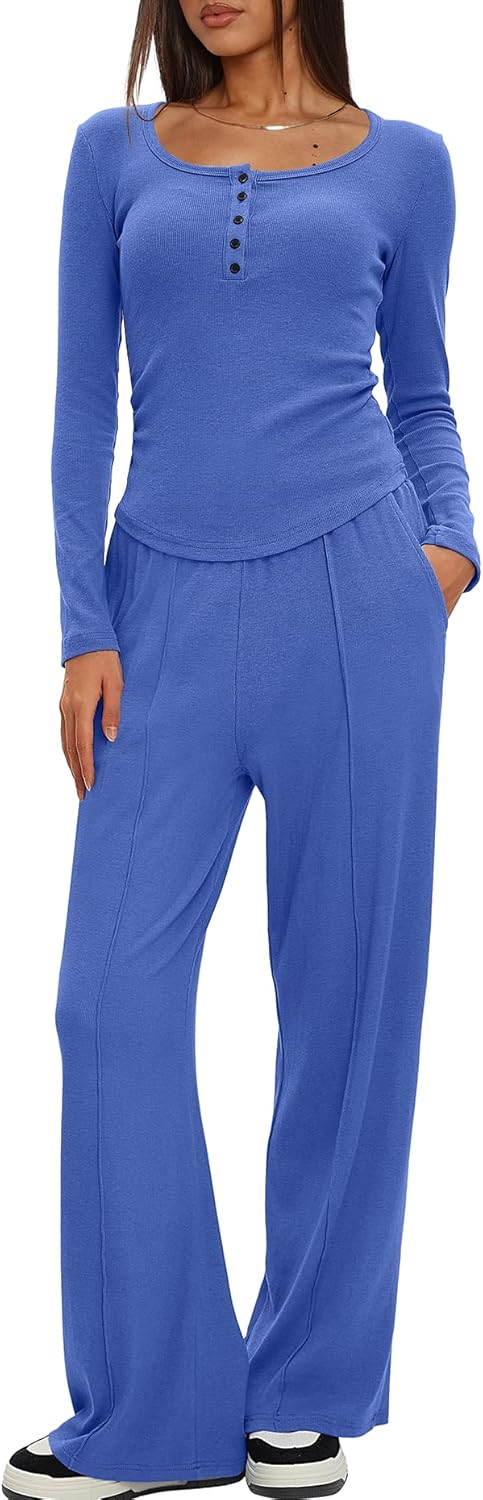 Darong Womens 2 Piece Matching Lounge Sets 2025 Fall Long Sleeve Henley Shirts Wide Leg Pants Airport Travel Outfits