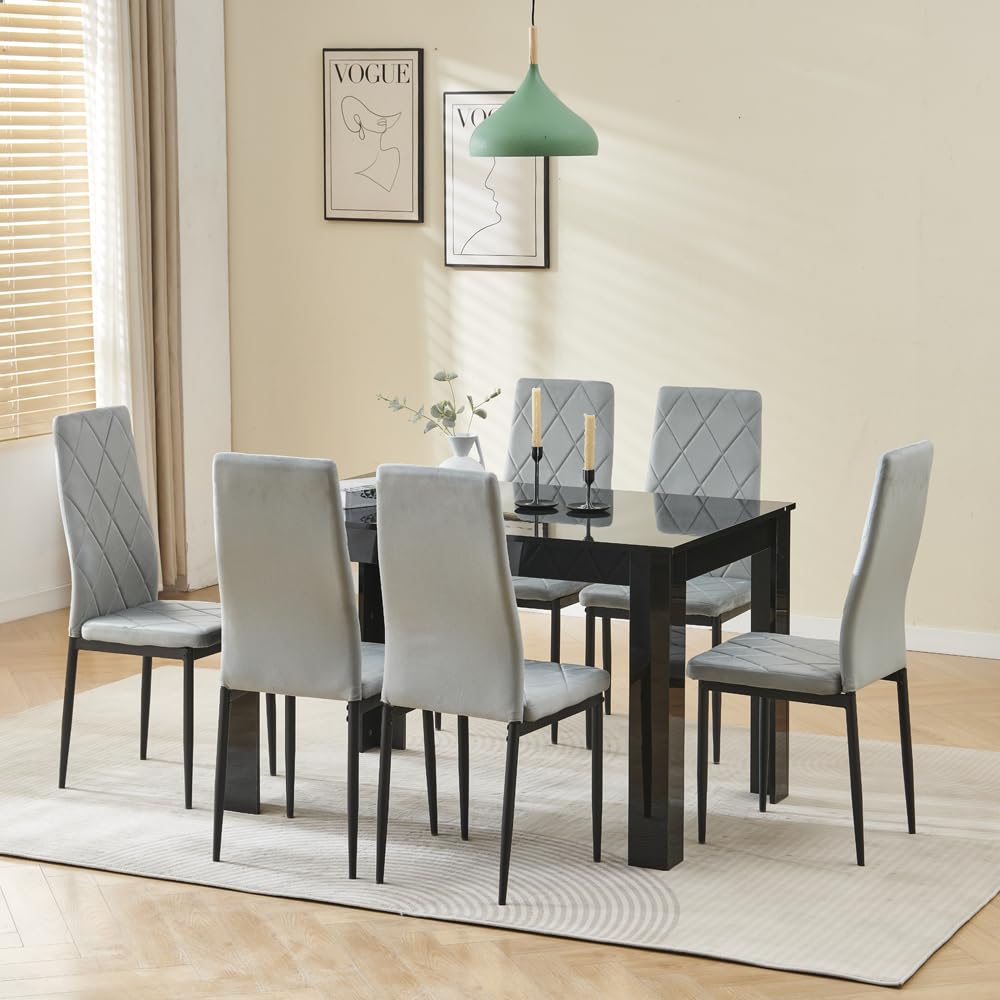 Menaka Wood Dining Table and Chairs Set of 4, Small Rectangular Kitchen Dinner Table with 4 Seaters (Argyle Grid Grey Velvet Chairs, 120m high gloss black table, 6 seaters)