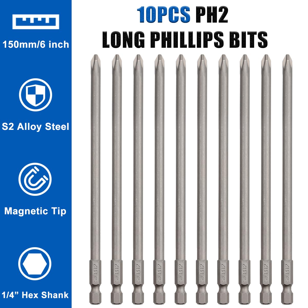 Wolfride 10pcs PH2 Long Magnetic Phillips Driver Bits 1/4 Inch Hex