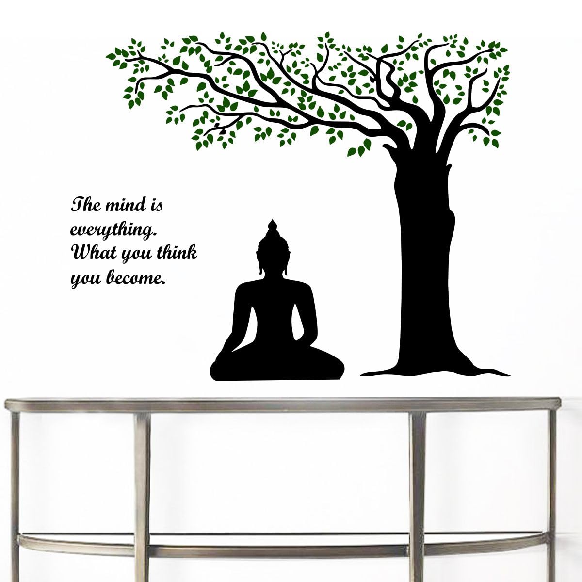 Rawpockets Decals ' Lord Buddha Under Tree and Quote on Mind ' Extra Large Size (Wall Coverage Area - Height 95 cms X Width 110 cms)(Pack of 1) Wall Sticker