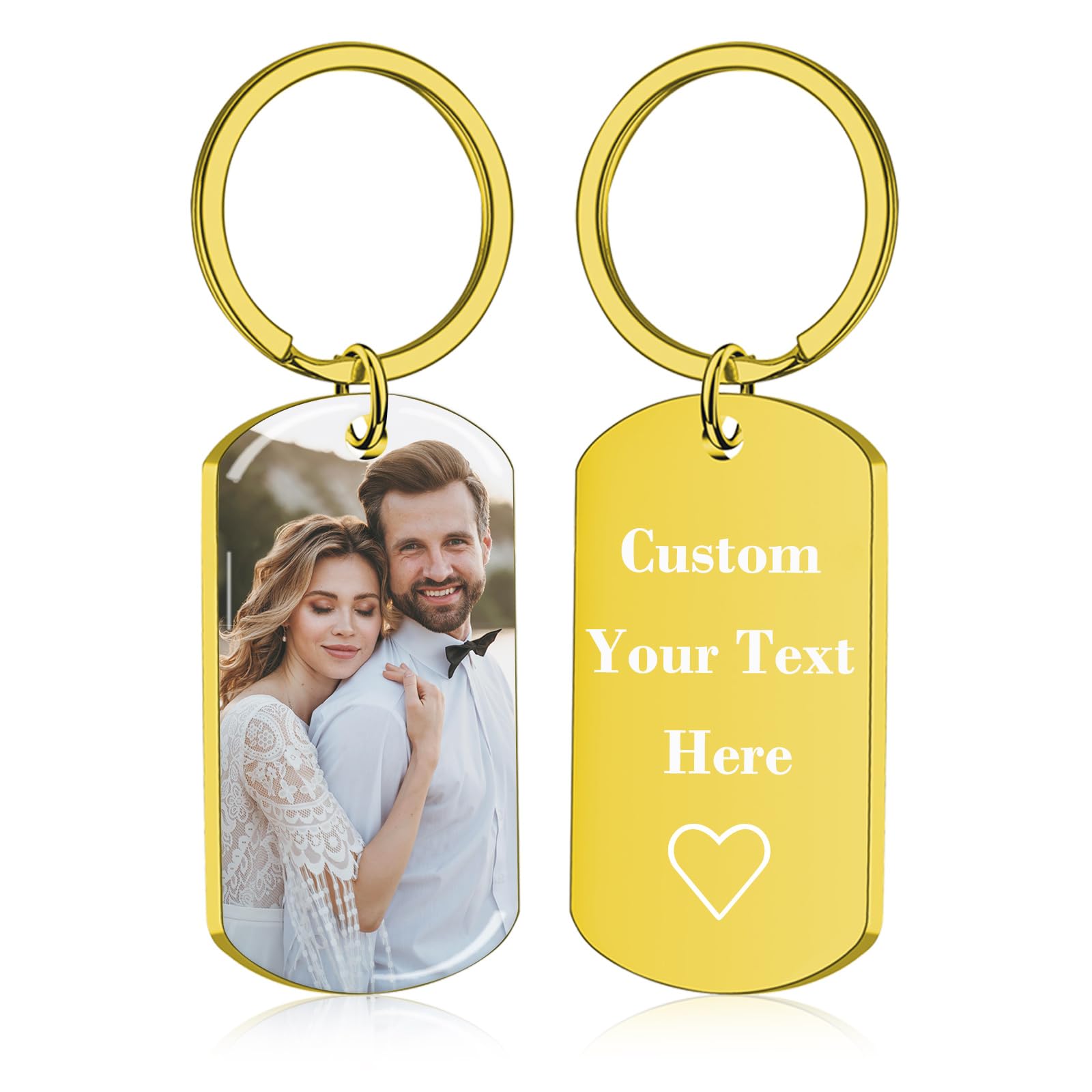 BEXOA Personalised Keyring, Custom Photo Engraved Text Key Ring Customised Keychain Anniversary Memorial Gifts for Him Men Boyfriend Dad Family (UV drip glue - Gold)