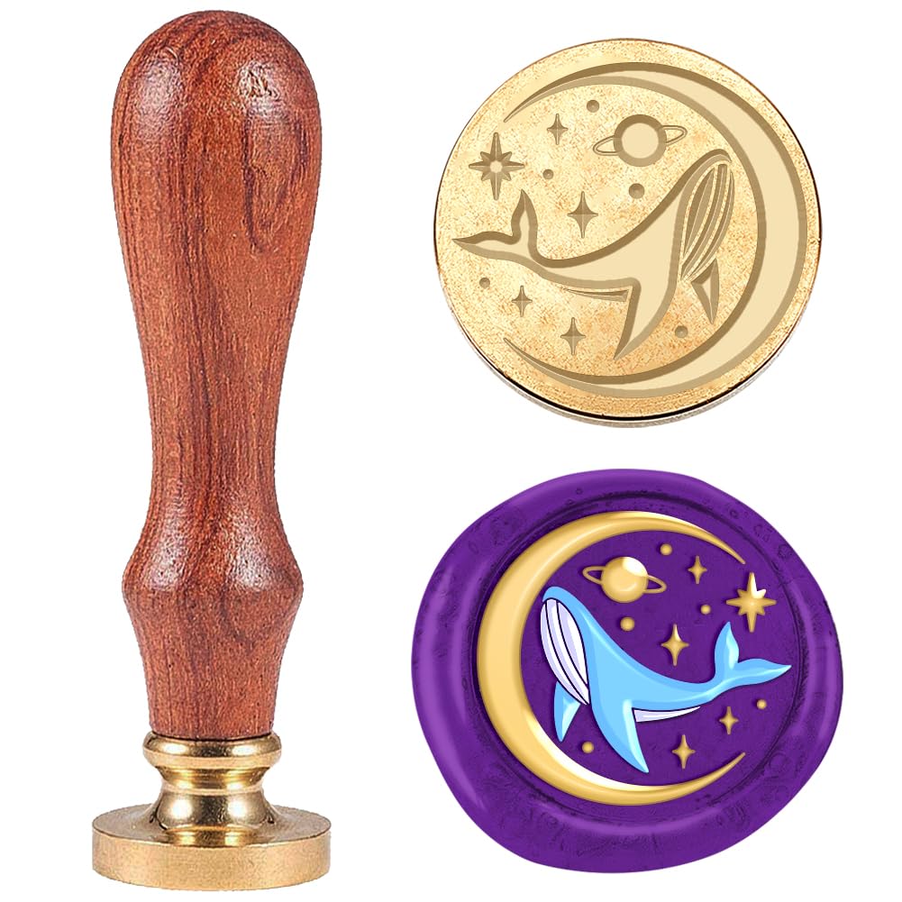 DELORIGIN 3D Dream Whale Wax Seal Stamp Embossed Stamp Sealing Removable 1" Brass Wax Seal Stamp Head with Wooden Handle Sealing Wax for Wedding Invitations Envelopes Gift Packing Craft Greeting