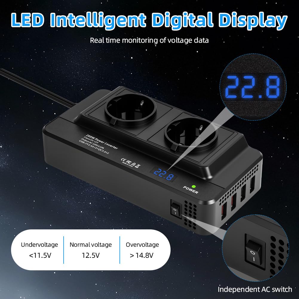 URAQT Convertisseur 12V CC à 230V CA 200W, Prise Allume Cigare Transformateur de Tension avec 2 Prises AC EU et 4 Ports USB, Écran LCD Numérique Chargeur Voiture Camping Car avec Multi-Protections - 4