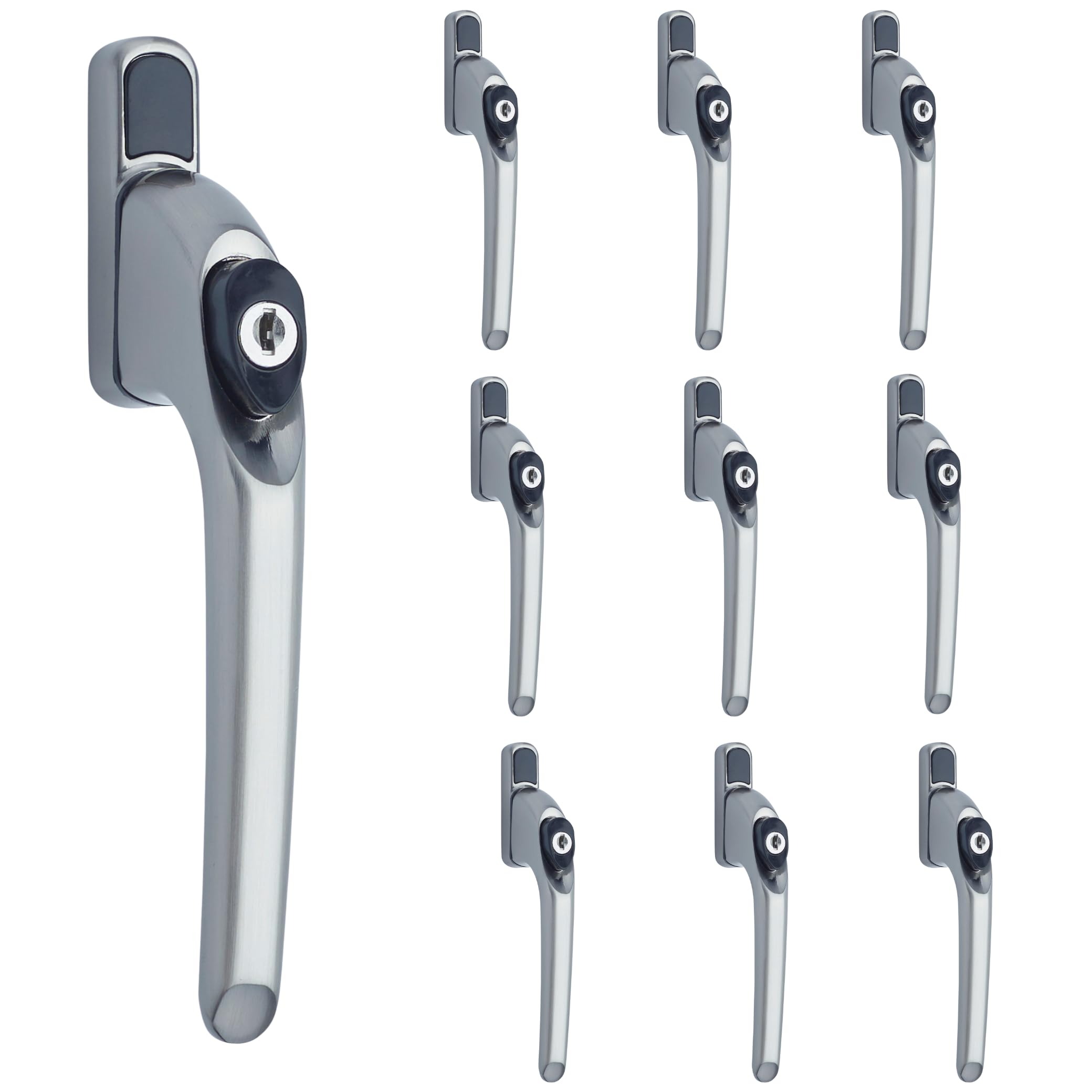 GlazeAssist uPVC Universal Window Handle Inline Locking Espag Double Glazing - Pack of 10 (Brushed Steel, 40mm)