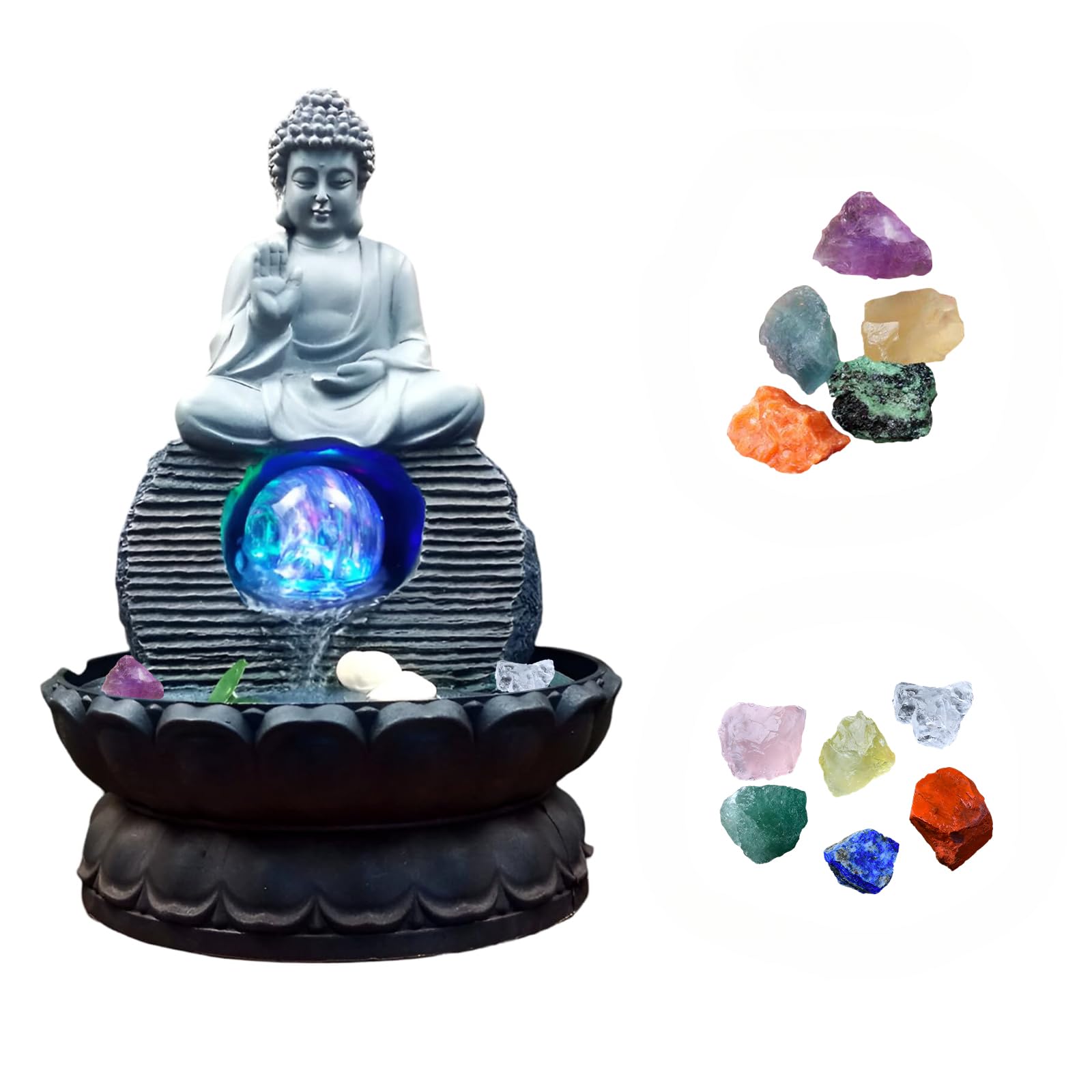 Zen Sitting Buddha Tabletop Fountain - Small Indoor Meditation Waterfall Water Feature for Zen Decor in Home, Office, Living Room or Bedroom + (10 PCS Free Crystals)