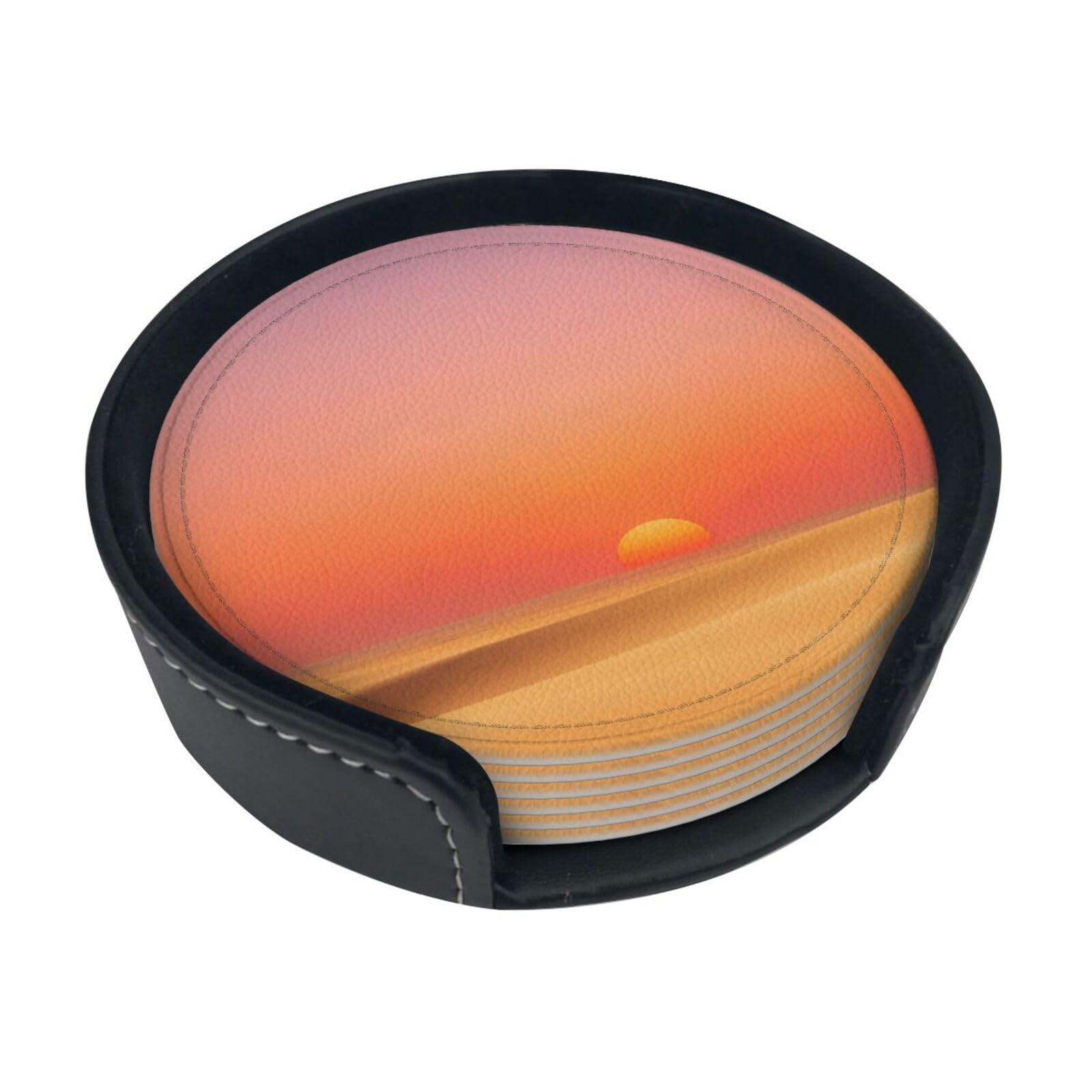 Desert Sunset Line Leather Coasters-Set of 6 with Storage Holder