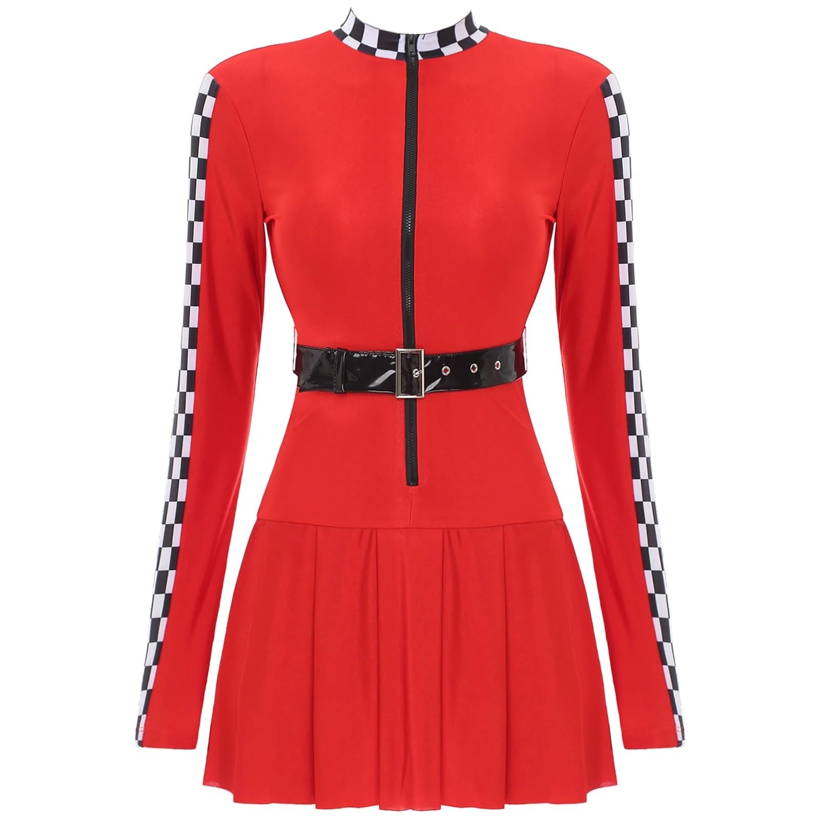 Cheerleader Kostüme Damen Cheerleader-Uniform, Schachbrett-Rennfahrer-Cosplay-Kleid mit Gürtel, langärmliger Reißverschluss vorne, Faltenrock, Rennfahrer-Kleid