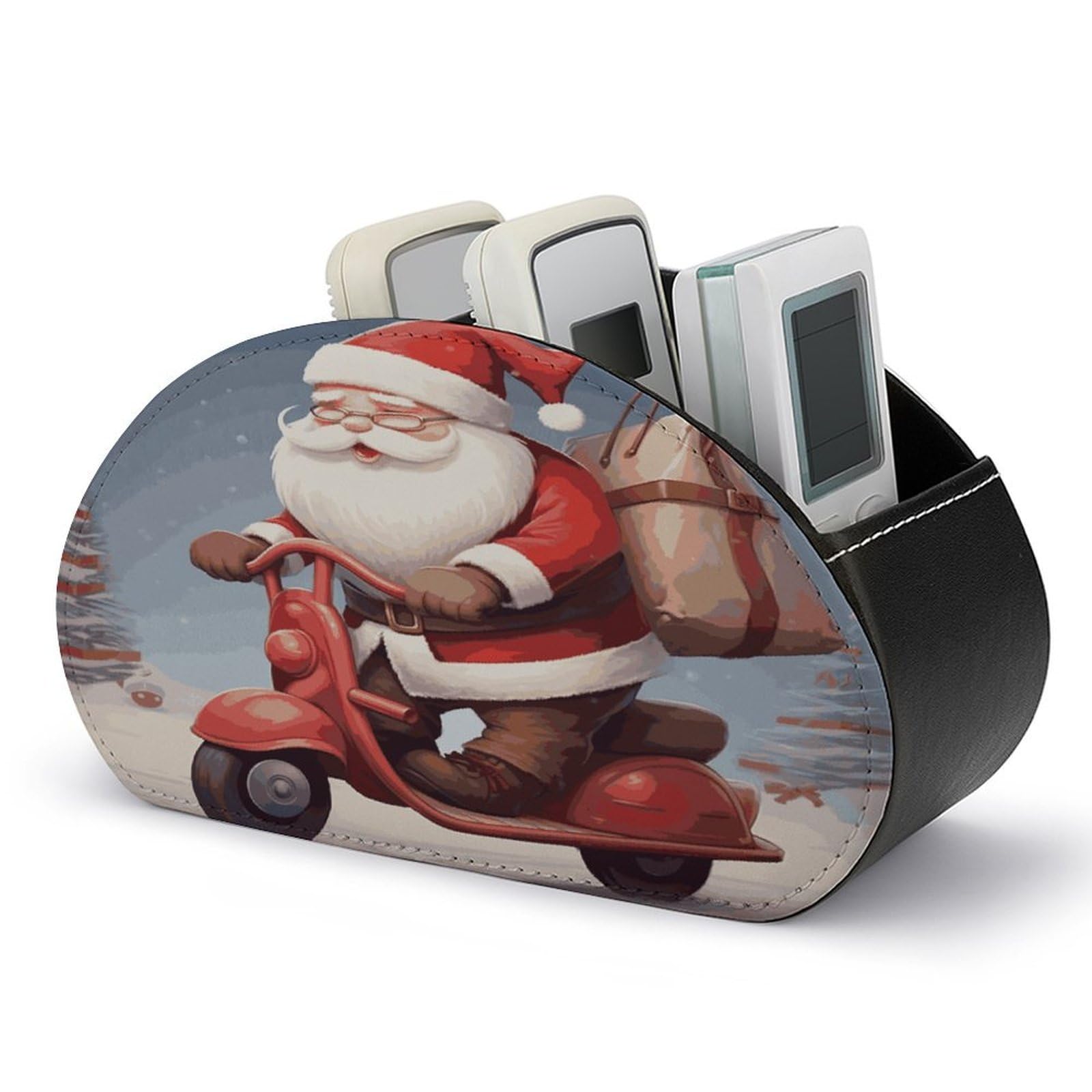 FekiLoot Santa Claus on Scooter TV Remote Control Holder with 5 Compartments Multi-functional Leather Bedside Table Remote Caddy Desktop Storage Box for Store Pen Controller Media Player Cosmetic