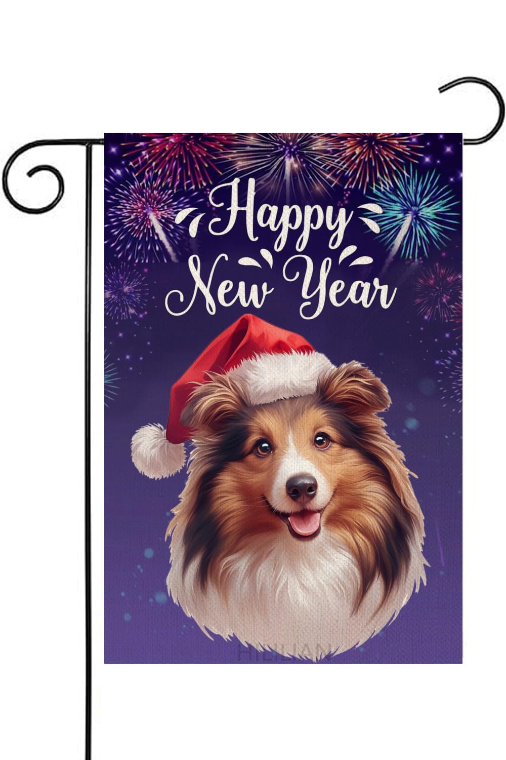 HILILIAN Happy New Year Shetland-Sheep-Dog Garden Flag 12x18 Double Sided Vertical, Burlap Small Celebration Fireworks Dog Welcome New Year Eve Yard