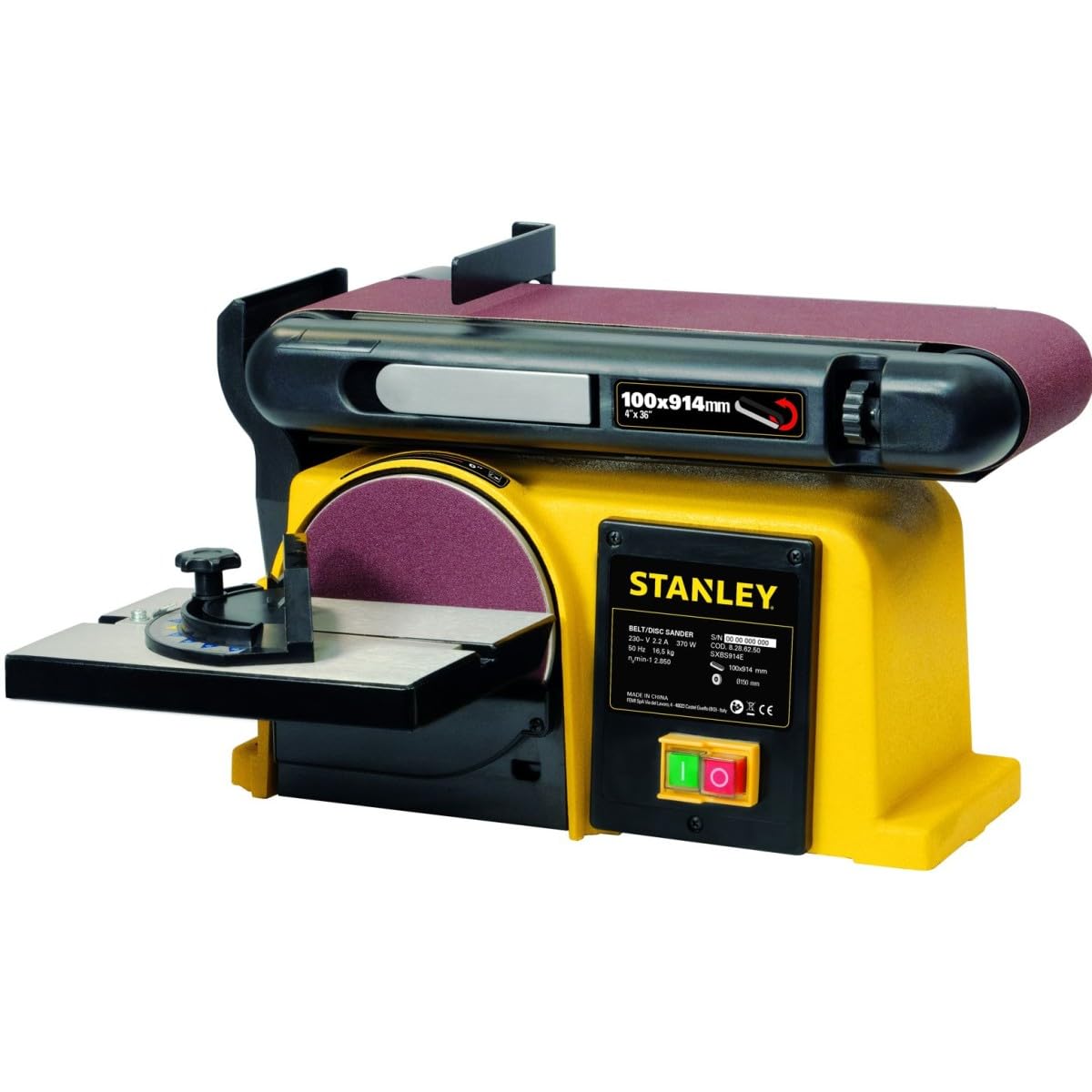 STANLEY - Ponceuse d'établi à bande et à disque SXGBL150E, moteur 370W induction silencieux, base en fonte stable, aspiration intégrée, pour ponçage bois et métal, bras réglable.