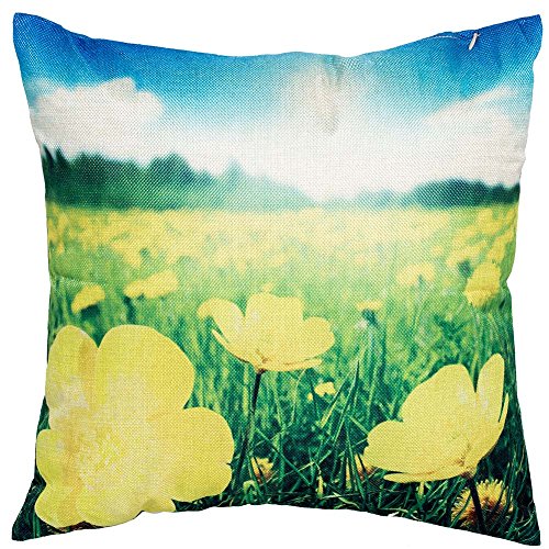 sunggukeji Decorative Pillow Burlap Covers Field of Spring Flowers And Perfect Sunny DayCouch Pillows Cover 18 x 18 Inch
