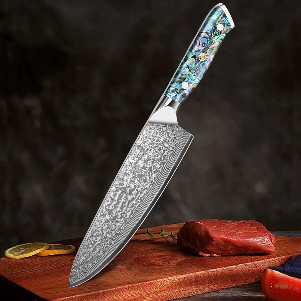Home Safety Coltello Damasco da Chef con Lama Estremamente Affilata da 20 cm in 67 Strati di Acciaio Damasco VG-10 Coltello da Cucina Damasco da Carne, Manico in Abalone, Confezione Regalo