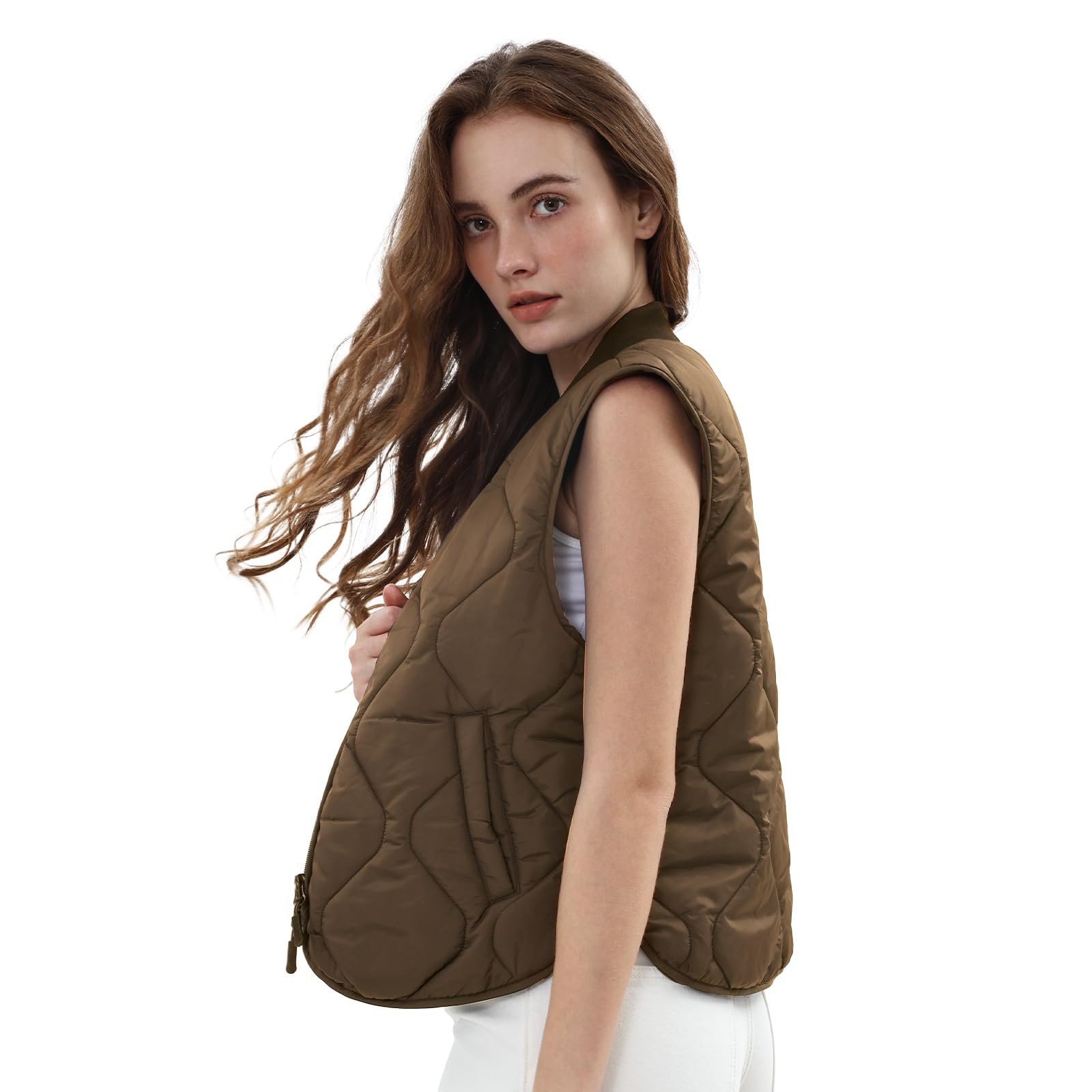 Amazhiyu Chaleco acolchado para mujer, ligero, chaleco acolchado sin mangas con cremallera y bolsillos