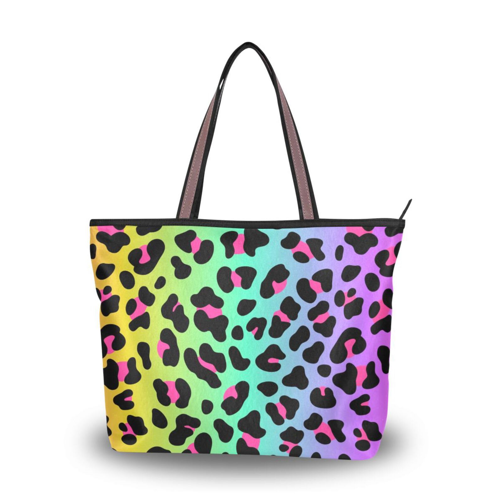 Mnsruu Bolso de mano para mujer, diseño de leopardo arcoíris, con cremallera, bolsa de hombro para mujer, bolsa de compras, bolsa de playa, bolsa de trabajo