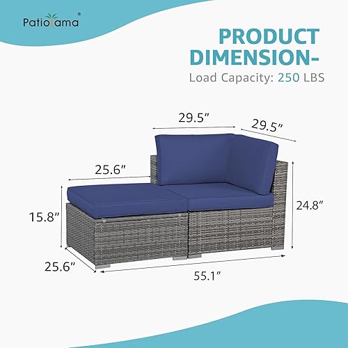 Miniatura 3 de Patiorama Juego de sofá de 2 piezas para patio, sofá seccional para exteriores, juego de conversación de mimbre de polietileno gris para todo tipo