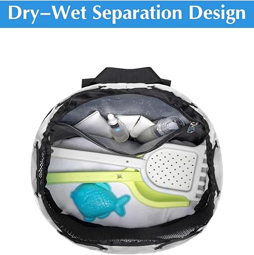 Miniatura 4 de Mochila de playa a prueba de arena con compartimento para zapatos y bolsillo húmedo, bolsa de natación de malla impermeable para piscina, Beige