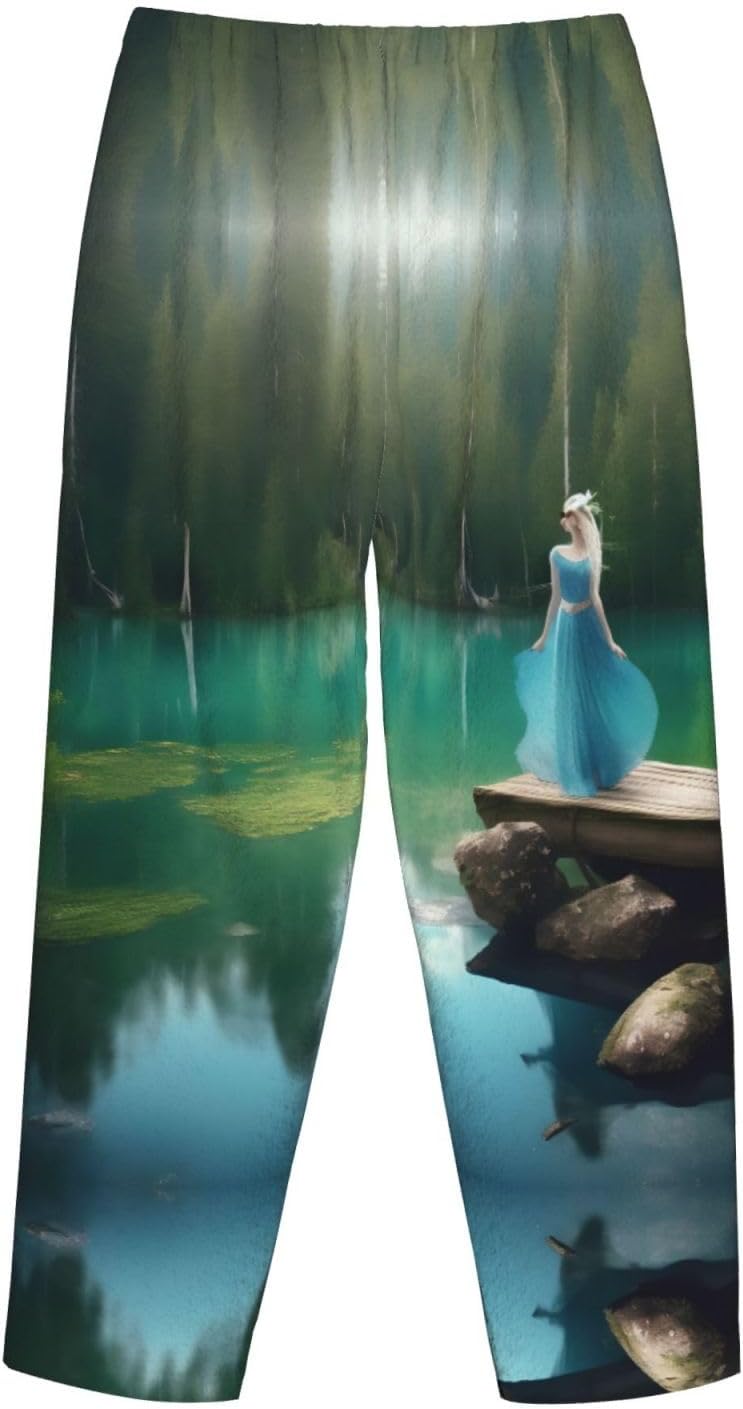Lake Fairy Print Cozy Flannel Pajama Pants For Women,Warm Christmas Pj Pants,Cute Fleece Pajamas