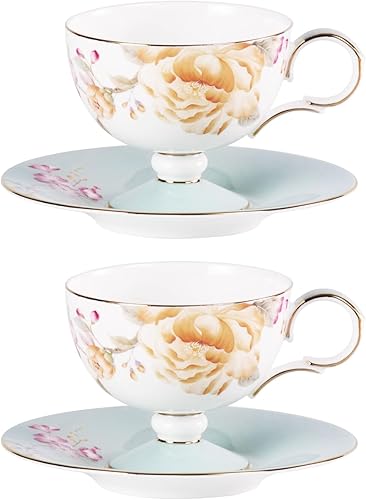 Miniatura 17 de KAMMAK Juego de 2 tazas de café de cerámica, tazas de café de porcelana con platillos, 6.52 onzas hechas a mano, elegante taza de té de porcelana de