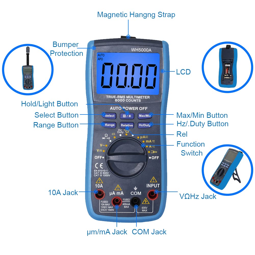 MMOBIEL Multimetro Num Pro CAT III 1000V CAT IV 600V - 6000 Conteggio - Test di tensione, test AC/DC, corrente, resistenza, continuità, test transistor - con cavi test, fusibili e cinghie magnetiq