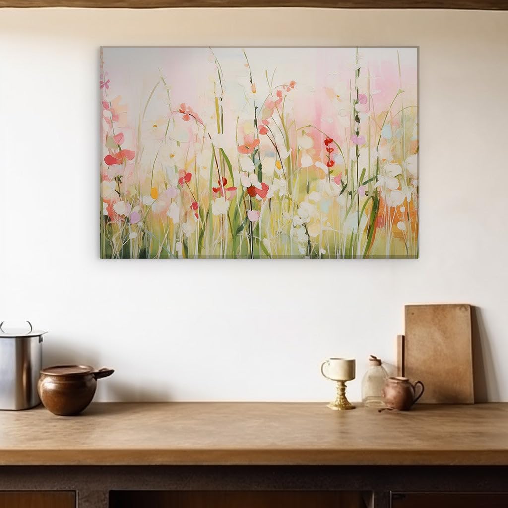 Wall Art Canvas for Living room. Blooming Vitality: A Canvas Alive with Vivid Florals and Pastel Skies, 27 x 18 inch