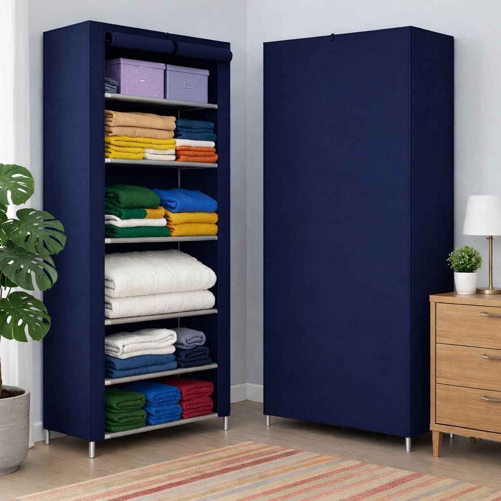 YouCopia Foldable Fabric Wardrobe Closet with Shelves & Zipper Cover – Portable Storage Organizer Cabinet for Clothes, for Bedroom & Home Storage (Blue, 6 Tier)-image-29